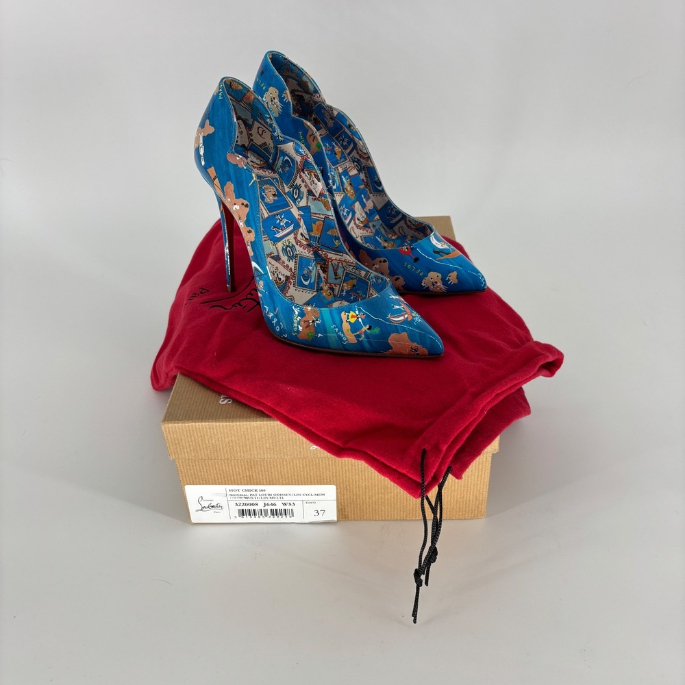 New Christian Louboutin Hot Chick 100 Printed Pump Blue Odissey Women Size 37